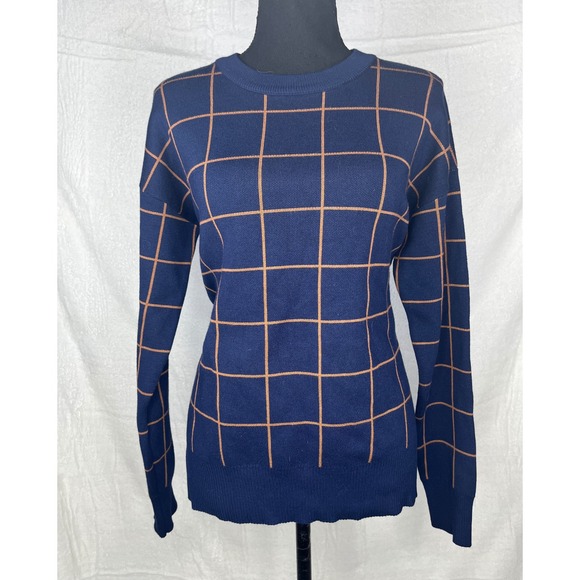 Saks Fifth Avenue Sweaters - Saks Fifth Avenue Women's Blue Grid Pattern Crew Neck Pullover Sweater,‎ Size M